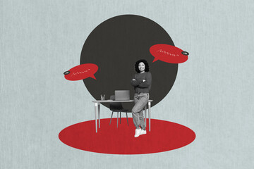 Poster surreal collage of person cross hands speaking bubble on grey color background