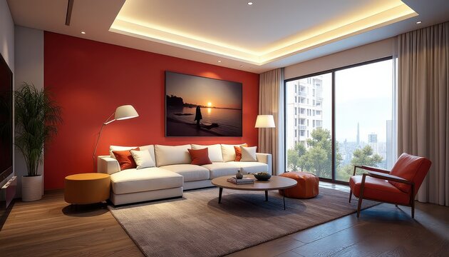 Showcase living room with sunset artwork and red accent wall, featuring quality furniture and condo design arts
