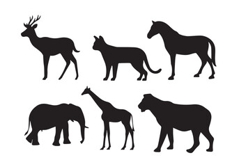 Black vector silhouettes collection features wild and farm animals like horse, dog, cat, elephant, tiger, giraffe, cow, and deer