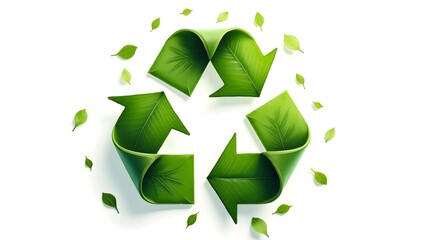 Obraz premium Recycle symbol made of green leaves on a white background representing environmental sustainability