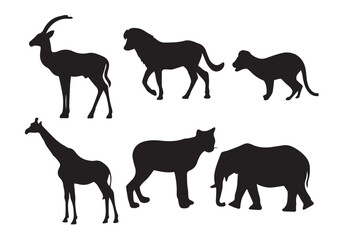 Black vector silhouettes illustrate a wild animal collection, featuring a horse, dog, elephant, tiger, giraffe, deer, cat, bear, and wolf