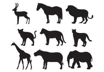 A black vector illustration set features silhouettes of wild and farm animals like deer, elephant, horse, dog, bear, and cat © Janani