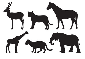 This vector illustration features a black silhouette collection of wild and farm animals, including a horse, presented as an icon set in nature
