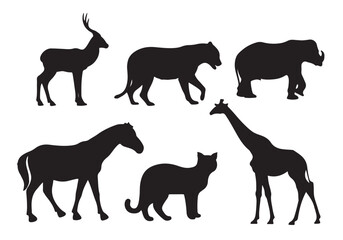 Obraz premium Vector silhouettes of animals illustrate a diverse collection featuring black icons of wild and farm animals like horse, dog, deer, elephant, cat, tiger, cow, wolf, giraffe, and goat