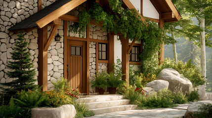 Obraz premium Stone Cottage Retreat: A charming stone cottage nestled amidst a verdant forest, with ivy climbing its walls and a wooden porch overlooking a stone pathway. The exterior features natural stone.