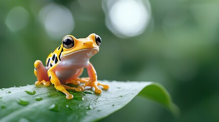 Vibrant Yellow Frog on Dewy Leaf