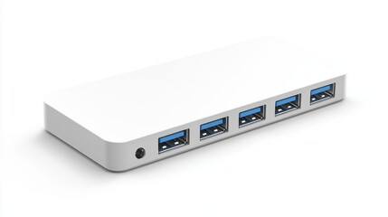 A USB hub with four ports isolated on a pure white background, realistic lighting and shadow, ideal for cut-out and compositing