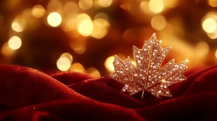 Sparkling maple leaf brooch on red velvet, golden sunlight and firework reflections, celebrating Canada Day with patriotic elegance.