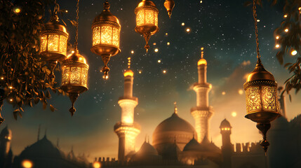 Ramadan Kareem Night Sky Background Template Crescent Moon Stars Ornaments Ideal for Eid Social Media Advertising Campaigns
