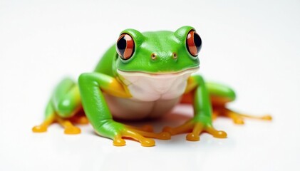 Naklejka premium Green tree frog, vibrant skin, white background, pet, zoology, herpetology