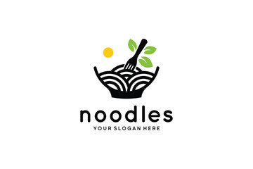 Vector logo design of noodles and fork in bowl with fresh nature leaf icon symbol