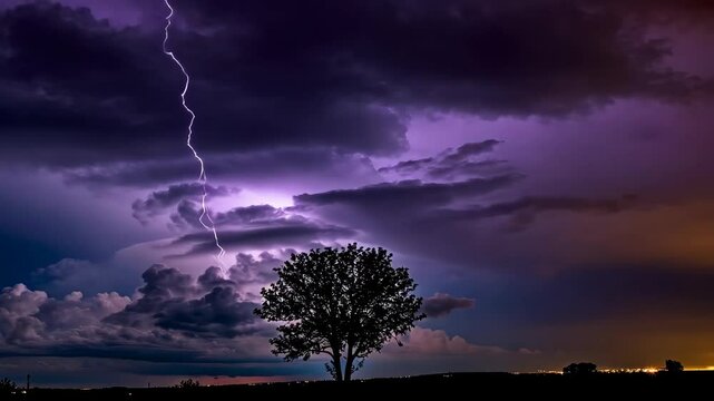 Dramatic lightning storm over solitary tree at night creating surreal sky