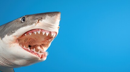 Naklejka premium Great White Shark Jaws, Ocean Predator, Blue Background