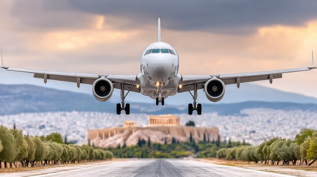 Aircraft Landing at Athens Airport with Acropolis View