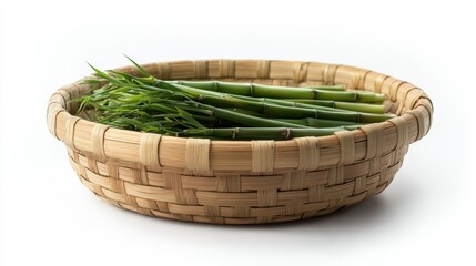 Obraz premium A small bamboo basket isolated on a pure white background, realistic lighting and shadow, ideal for cut-out and compositing