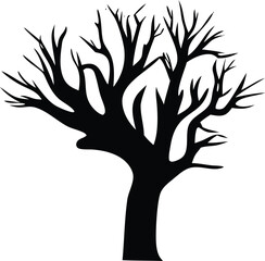 A black vector illustration shows a bare tree silhouette, its branches reaching like art against the nature of autumn