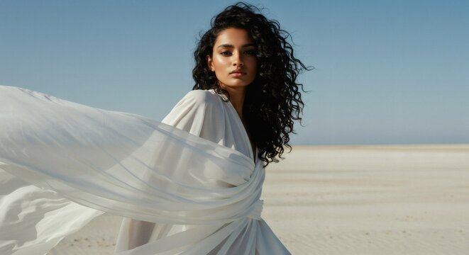 A captivating woman gracefully poses in a white dress, evoking a sense of freedom and serenity.