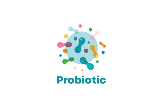 Vector illustration of probiotic bacteria logo design in colorful style. Healthy nutrition ingredients.
