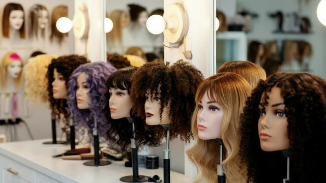 Various wigs displayed on mannequin heads in shop
