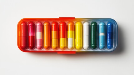 A medicine pill organizer box isolated on a pure white background, realistic lighting and shadow, ideal for cut-out and compositing
