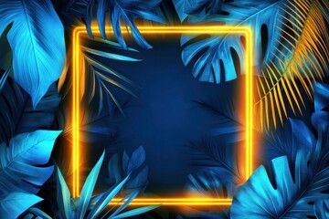 Fototapeta premium Abstract neon background with tropical leaves colors frame blue.