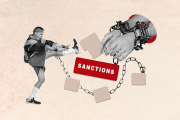 Sketch poster 3D photo collage of handcuffs hand hold convict trapped justice metal young man...