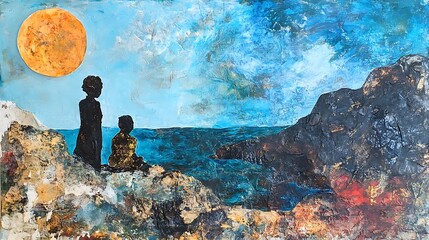 Two figures contemplate a dramatic seascape at dusk.