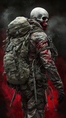 Haunting Double Exposure of a Soldier with Skull Mask and Blood Effects Against Dark Background