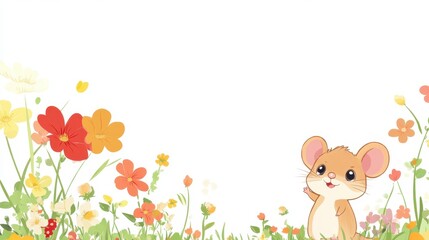 Fototapeta premium A charming illustration of a cute mouse playfully exploring a vibrant flower field.