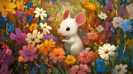 A charming illustration of a cute mouse playfully exploring a vibrant flower field.