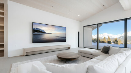 Large screen TV in front of french window