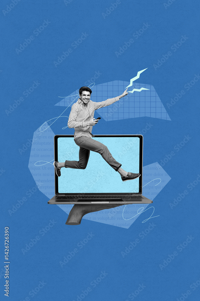 Poster poster banner collage of person stand big netbook run use phone screen on blue color background