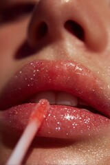Obraz premium Close-up of lips being enhanced with shimmering pink gloss, highlighting beauty and cosmetics in vibrant detail.