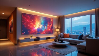 Condo design arts modern living room with striking cosmic wall art and city views. Showcase interior living room