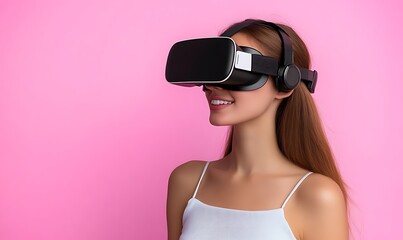 Naklejka premium Woman with Vr Headset on Pink Background