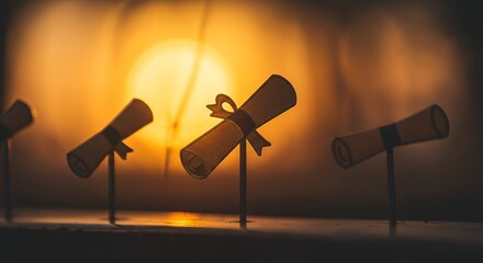 Graduation Scrolls Against Sunrise Backdrop