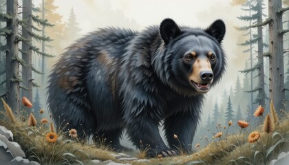 Fototapeta premium Bear Walking in Forest with Flowers and Tall Trees