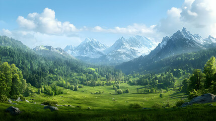 Fototapeta premium Pixel Art Mountain Valley Landscape With Snowy Peaks