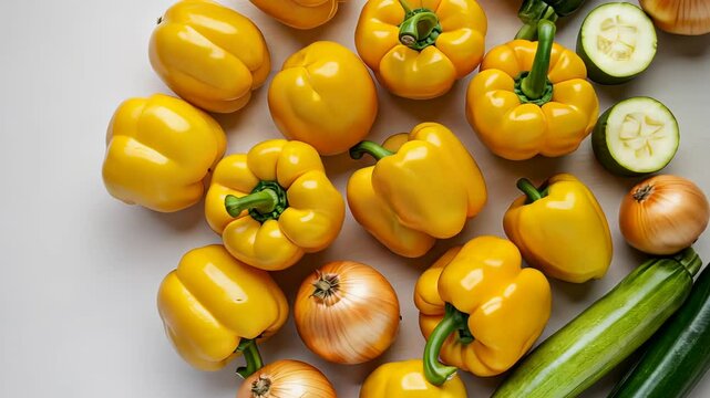 Fresh yellow peppers and vegetables in dynamic flat lay rotation