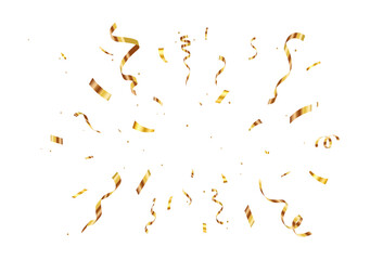Golden Confetti and Streamers Celebration Explosion on White Background, Suitable for Festive Events and Holiday Designs. carnival ribbons, confetti,