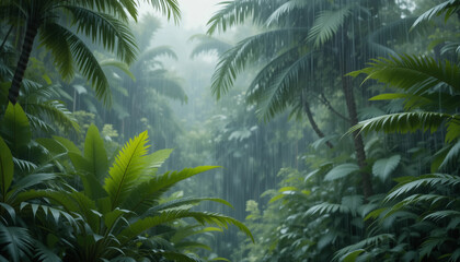Rainforest Canopy in Verdant Paradise: Immerse yourself in the lush embrace of the rainforest. The image captures the dense canopy, the heavy rain, and the vivid green.
