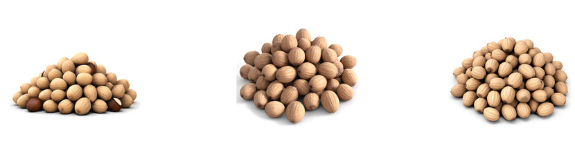 A set of candlenut stacks in PNG format with a transparent background and cut-out design, ideal for culinary and herbal product designs, known for their uses in cooking, traditional medicine, and skin