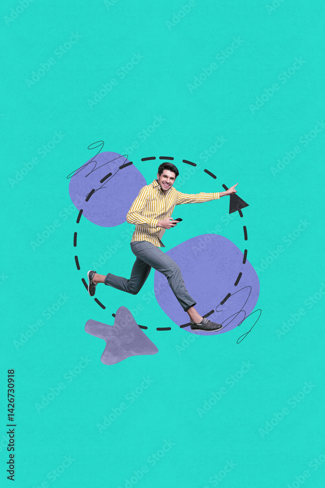 Poster Trend banner collage of person use gadget in lines circle figure with cursor on teal color background