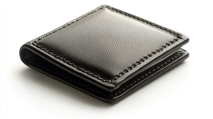 A black leather wallet isolated on a pure white background, realistic lighting and shadow, ideal for cut-out and compositing
