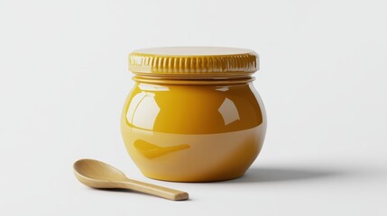 A jar of peanut butter with a spoon isolated on a pure white background, realistic lighting and shadow, ideal for cut-out and compositing