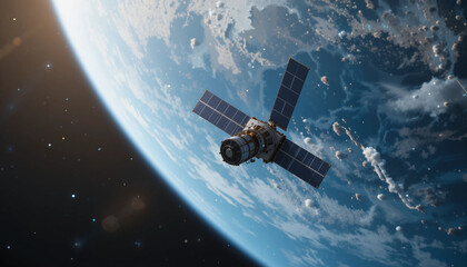 Satellite Orbiting Earth: A detailed image of a modern satellite in orbit, set against the backdrop of the vast, textured Earth, the cosmos as a canvas.