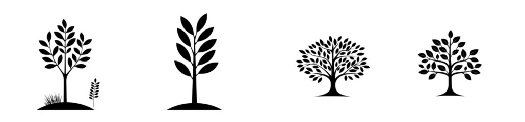 Fototapeta premium Hand-drawn tree illustrations in a modern engraving and silhouette style, perfect for print, wall art, and clipart applications