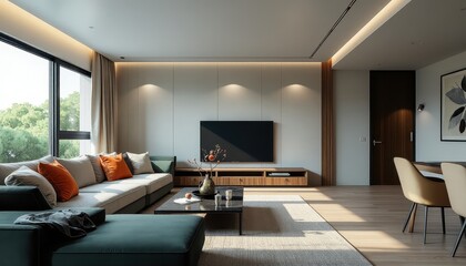 Cozy living room with modern furnishings and green view in contemporary design. Condo idea creative