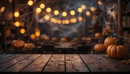Wooden Table with Pumpkins and String Lights for Fall Display