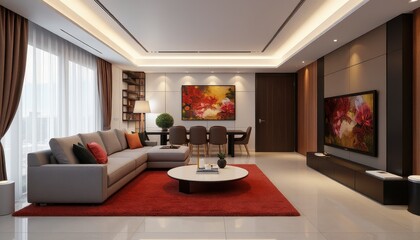 Charming living room with vibrant artwork and cozy atmosphere in contemporary style. Condo idea creative